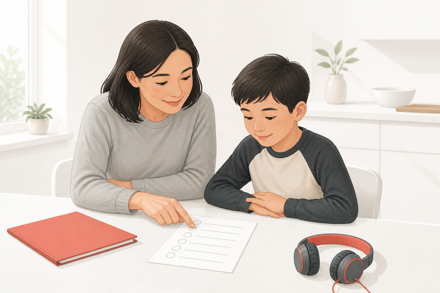 A parent and child calmly review a blank after-school class checklist together