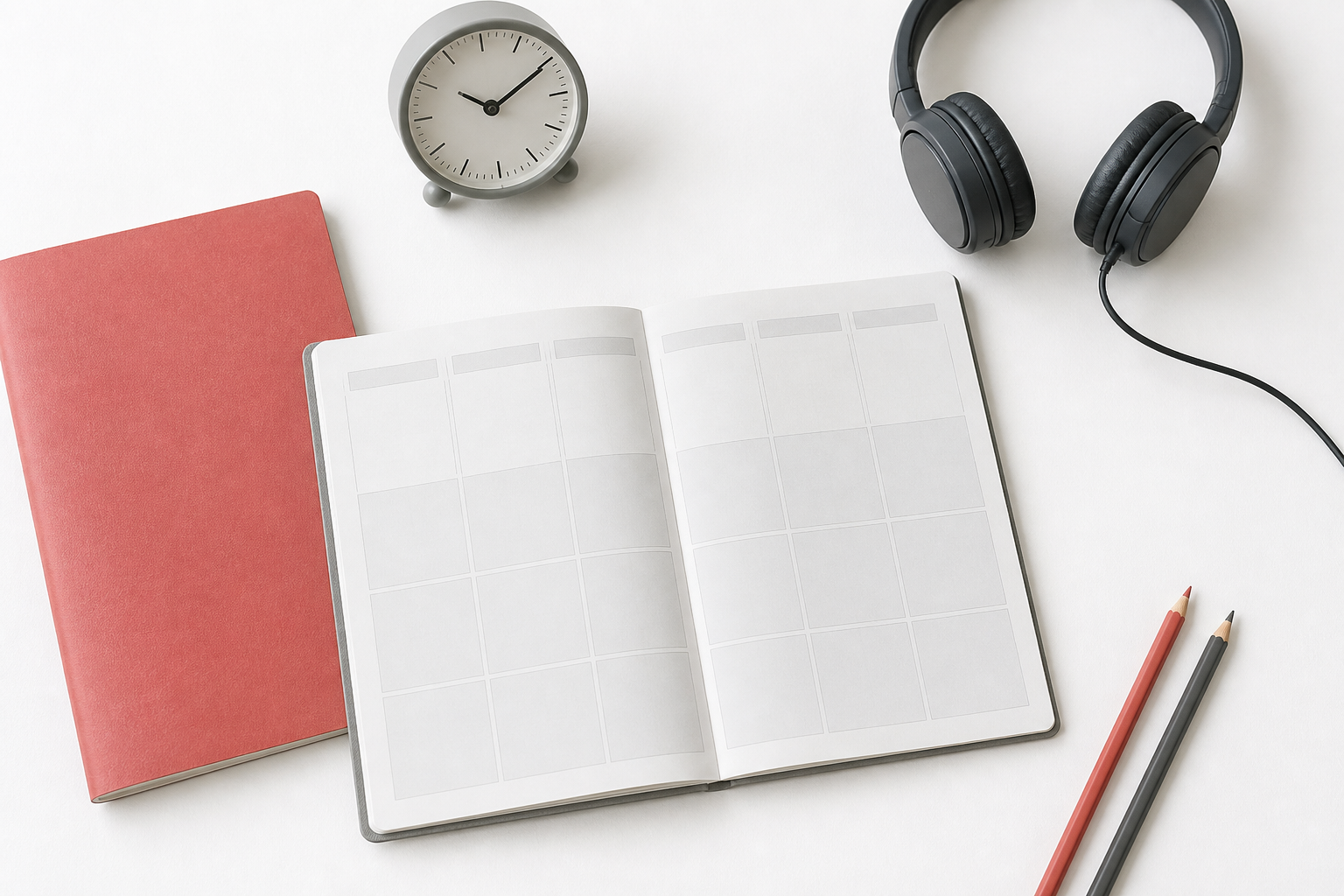 A blank weekly planner, clock, headphones, folder, and pencils arranged on a white table
