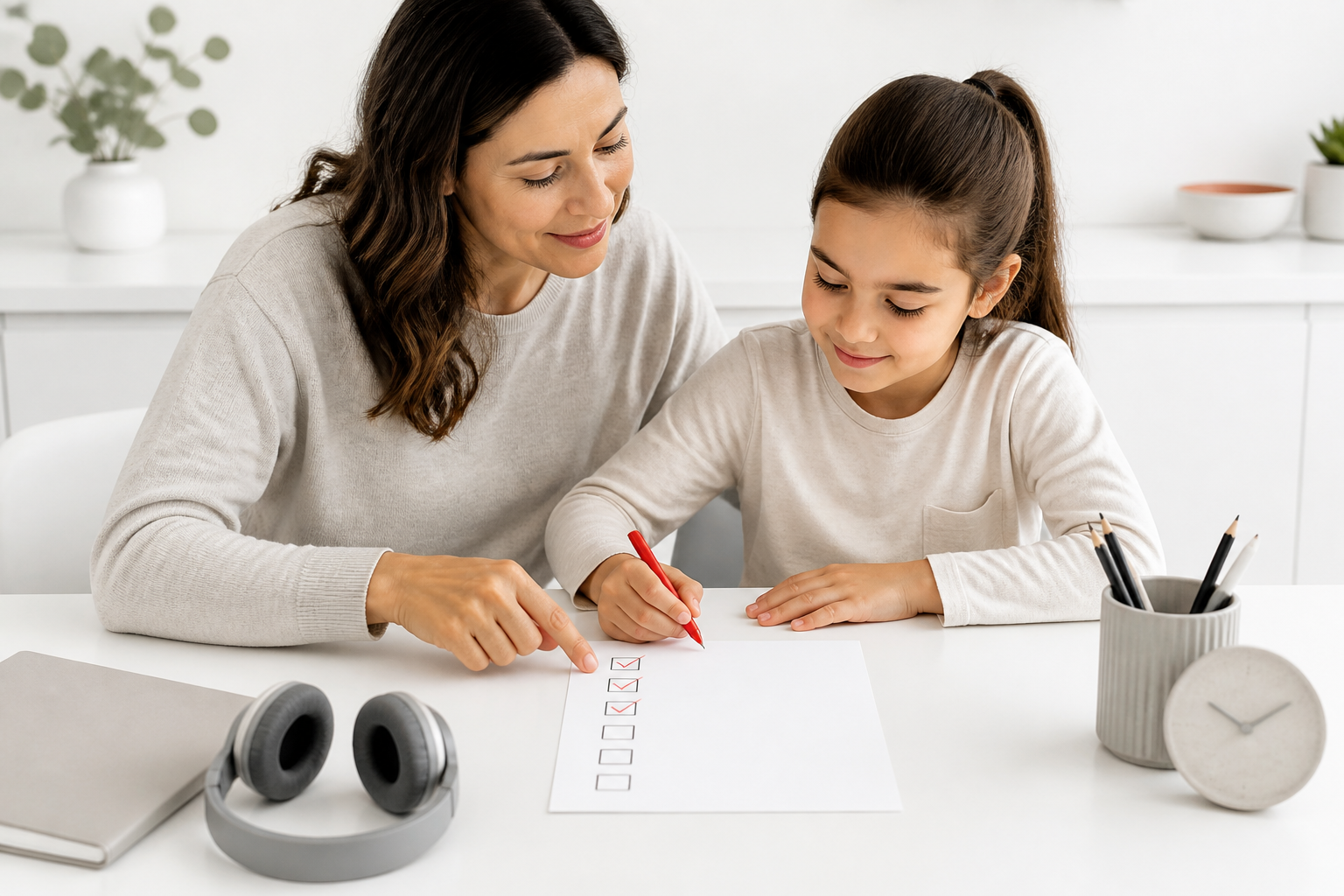 A parent and child complete a blank lesson-choice checklist together