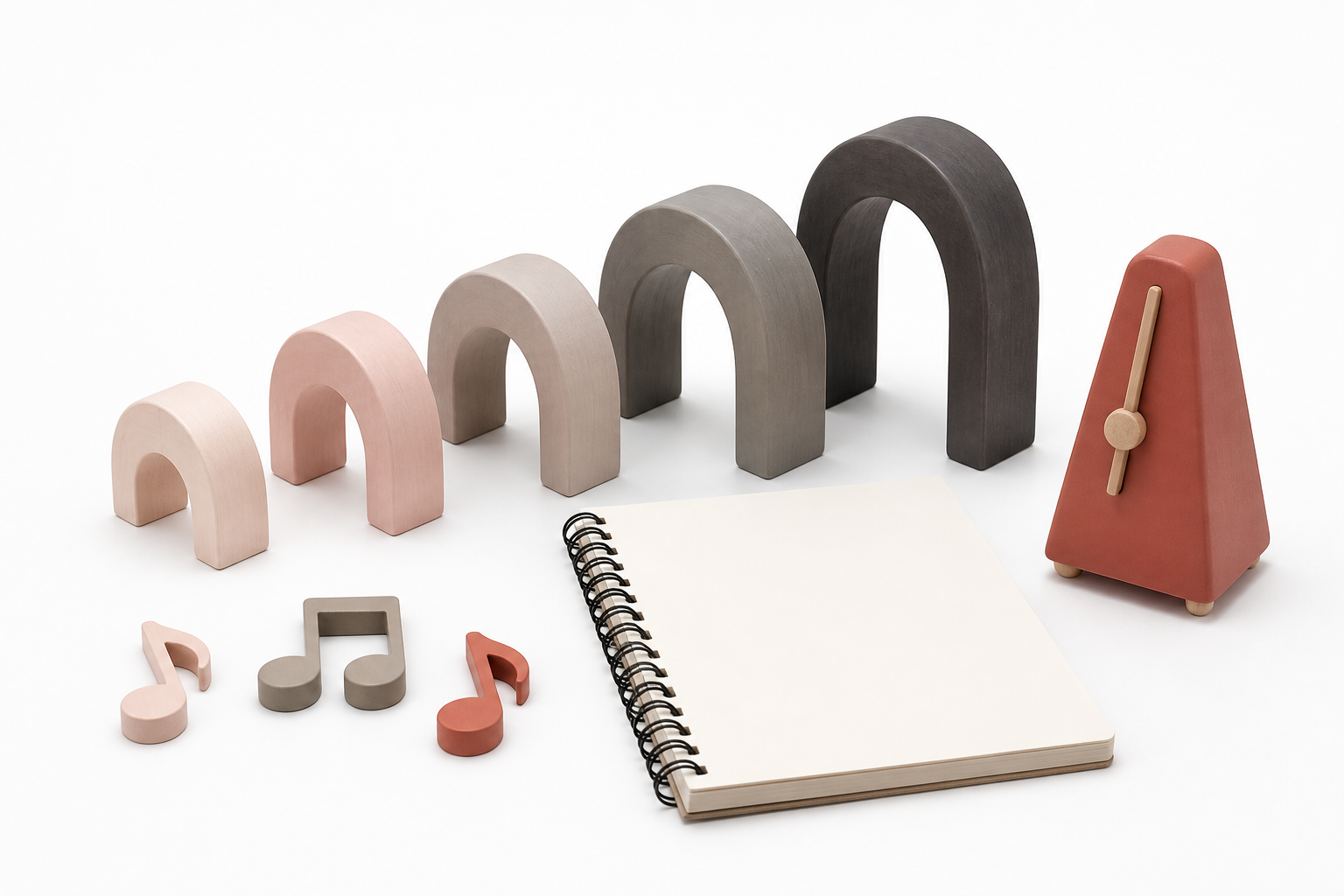 A blank practice notebook, simple music-note pieces, graduated wooden arches, and a metronome