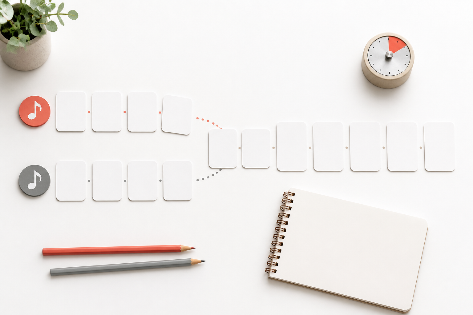 Two rows of blank practice cards and music-note tokens join into one balanced learning path
