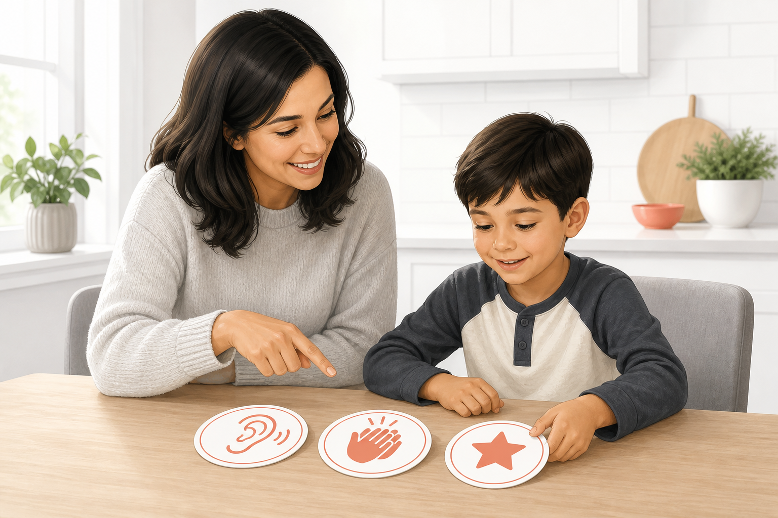 Parent and child using listen, rhythm, and check-in activity cards for a simple practice routine