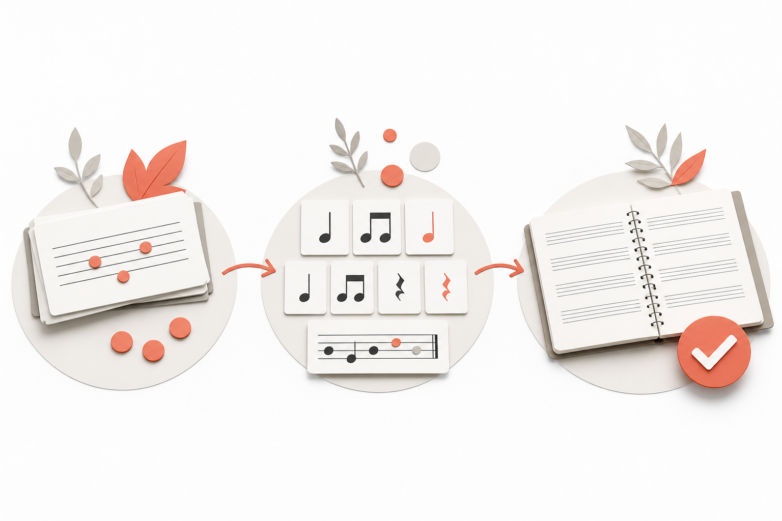 Three-stage visual plan moving from temporary cues to note patterns and independent music reading