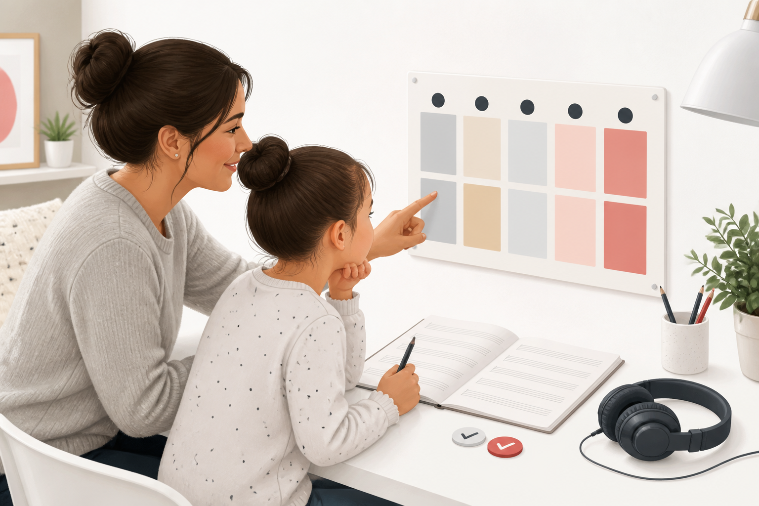 Parent and child planning a simple home music-learning routine with blank progress blocks