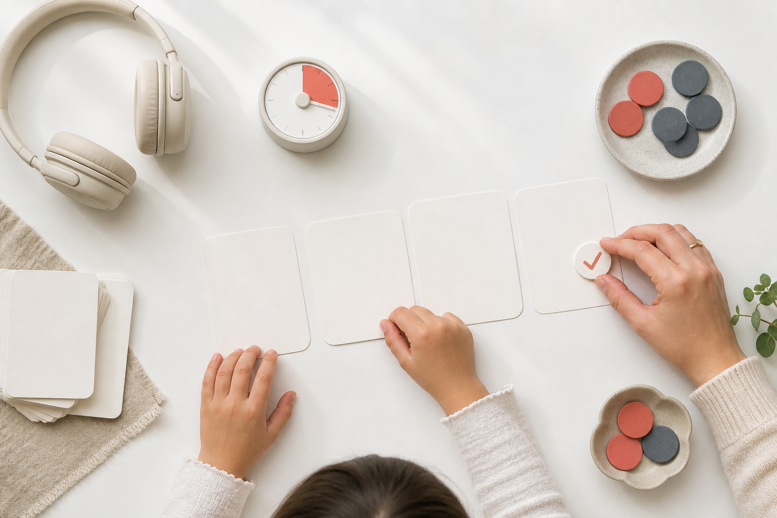 Parent and child arranging a short balanced learning routine with blank cards tokens timer and headphones