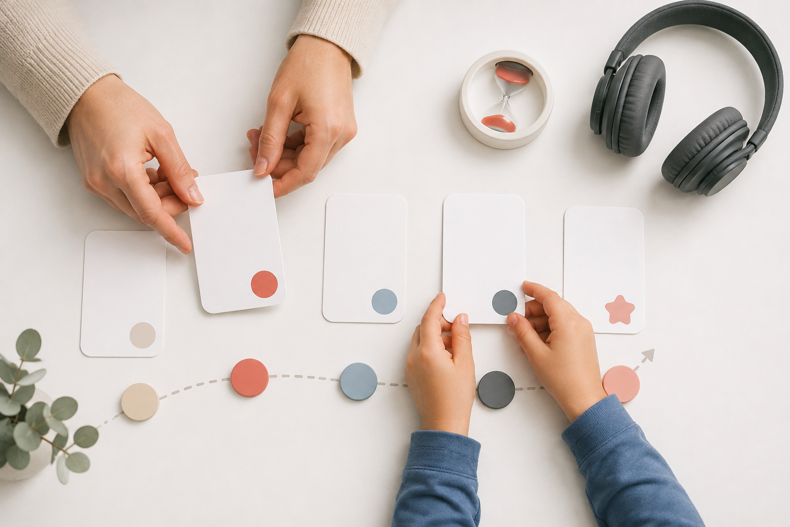 Parent and child arranging blank milestone cards for a relaxed monthly learning check