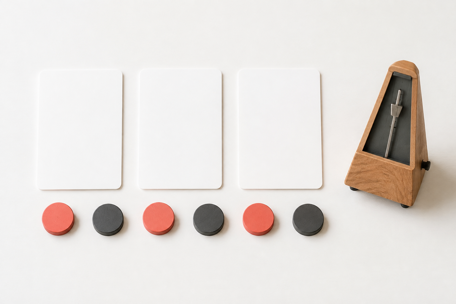 Blank practice cards and beat tokens arranged beside an unmarked metronome