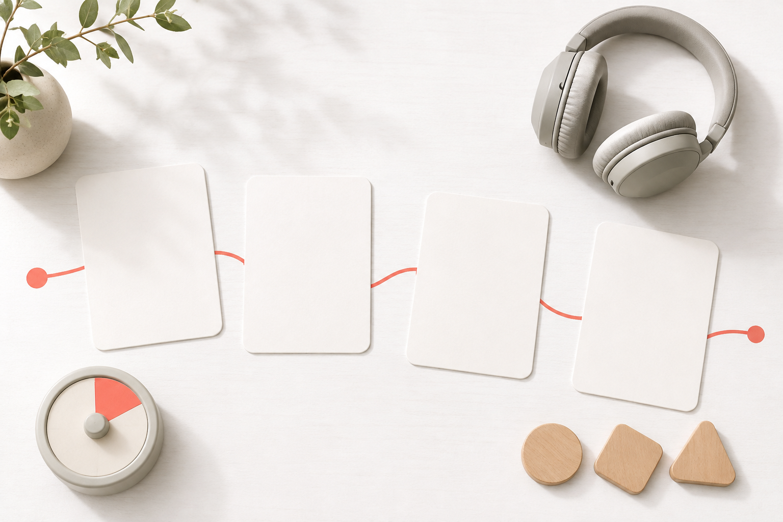 Four blank learning cards arranged along a simple path with headphones and a timer