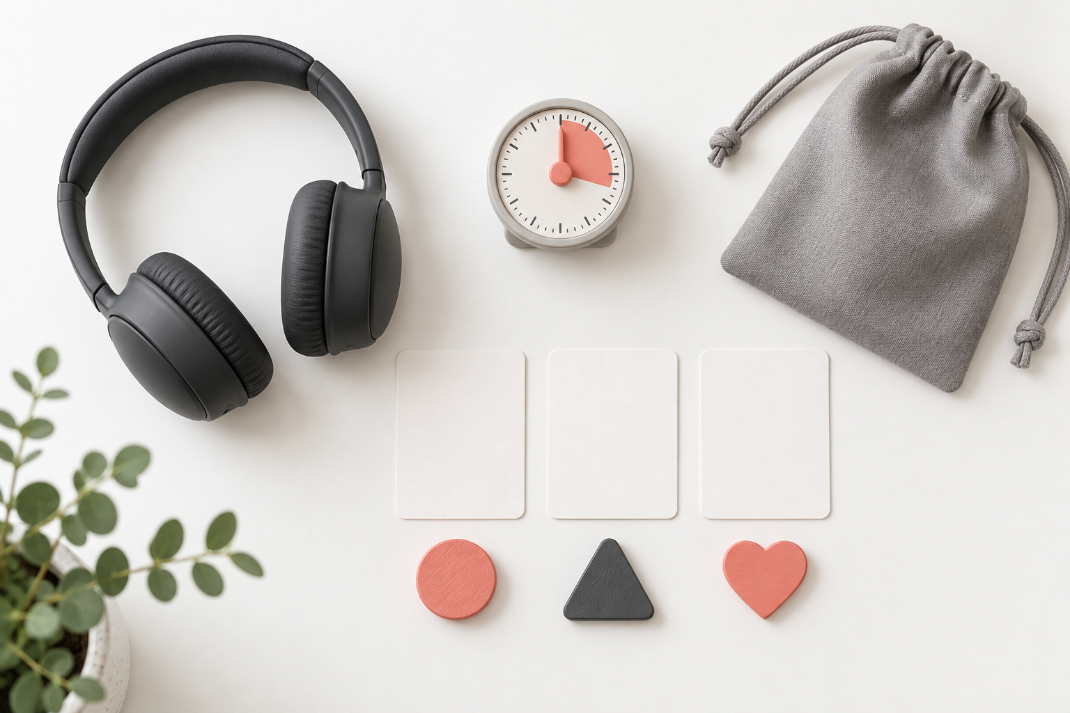 Over-ear headphones beside a timer and three blank routine cards on a white table