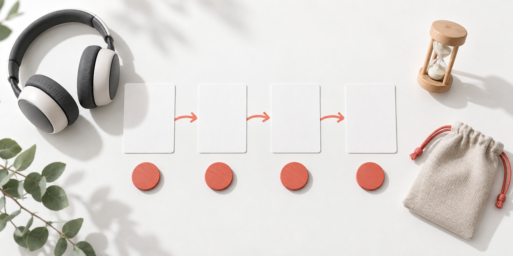 Four blank activity cards with headphones, rhythm tokens, and a timer on a white table