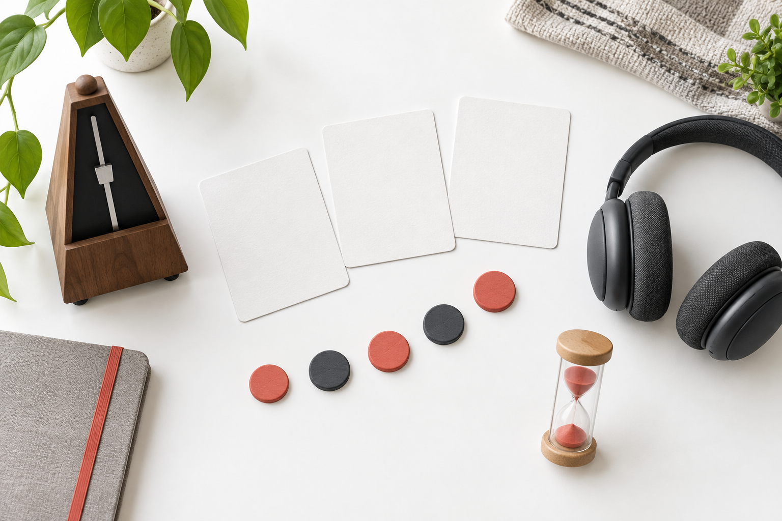 Blank practice cards, metronome, headphones, timer, and wooden tokens arranged for a short music warm-up