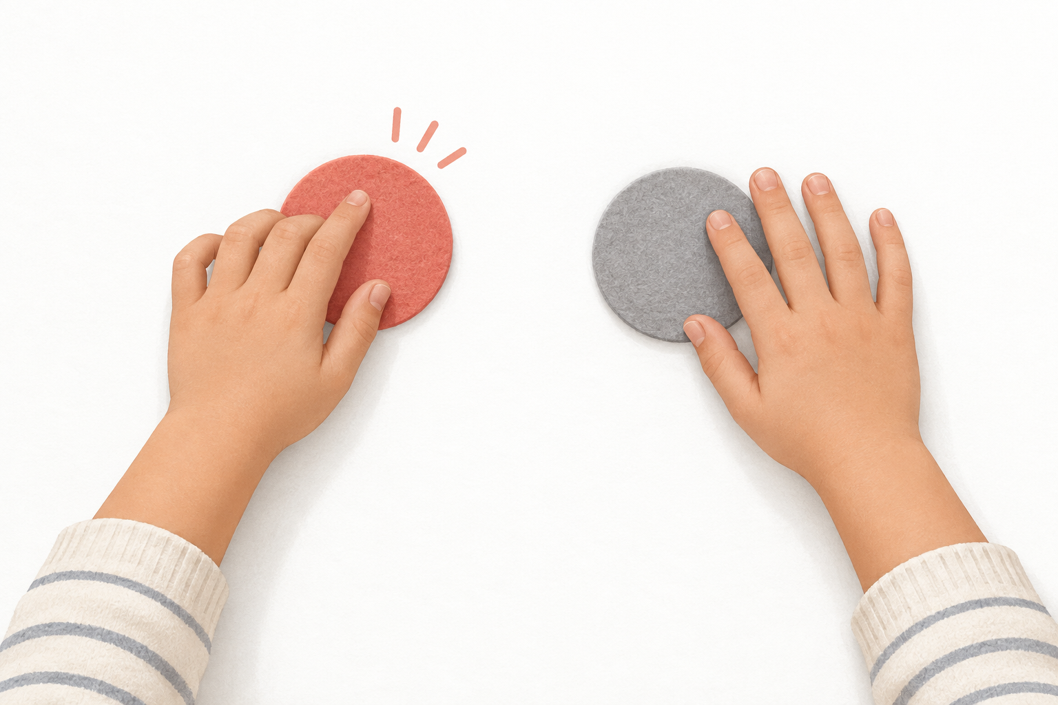 Illustration of two relaxed hands beside coral and gray pads for a simple tabletop rhythm exercise