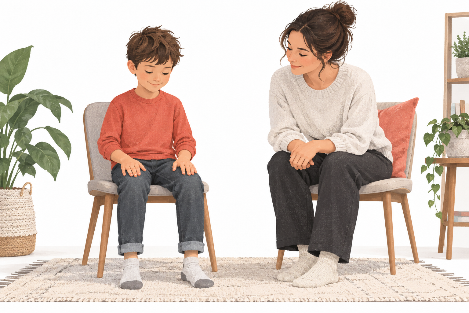 Illustration of a child preparing a relaxed rhythm-tapping exercise with a supportive parent nearby