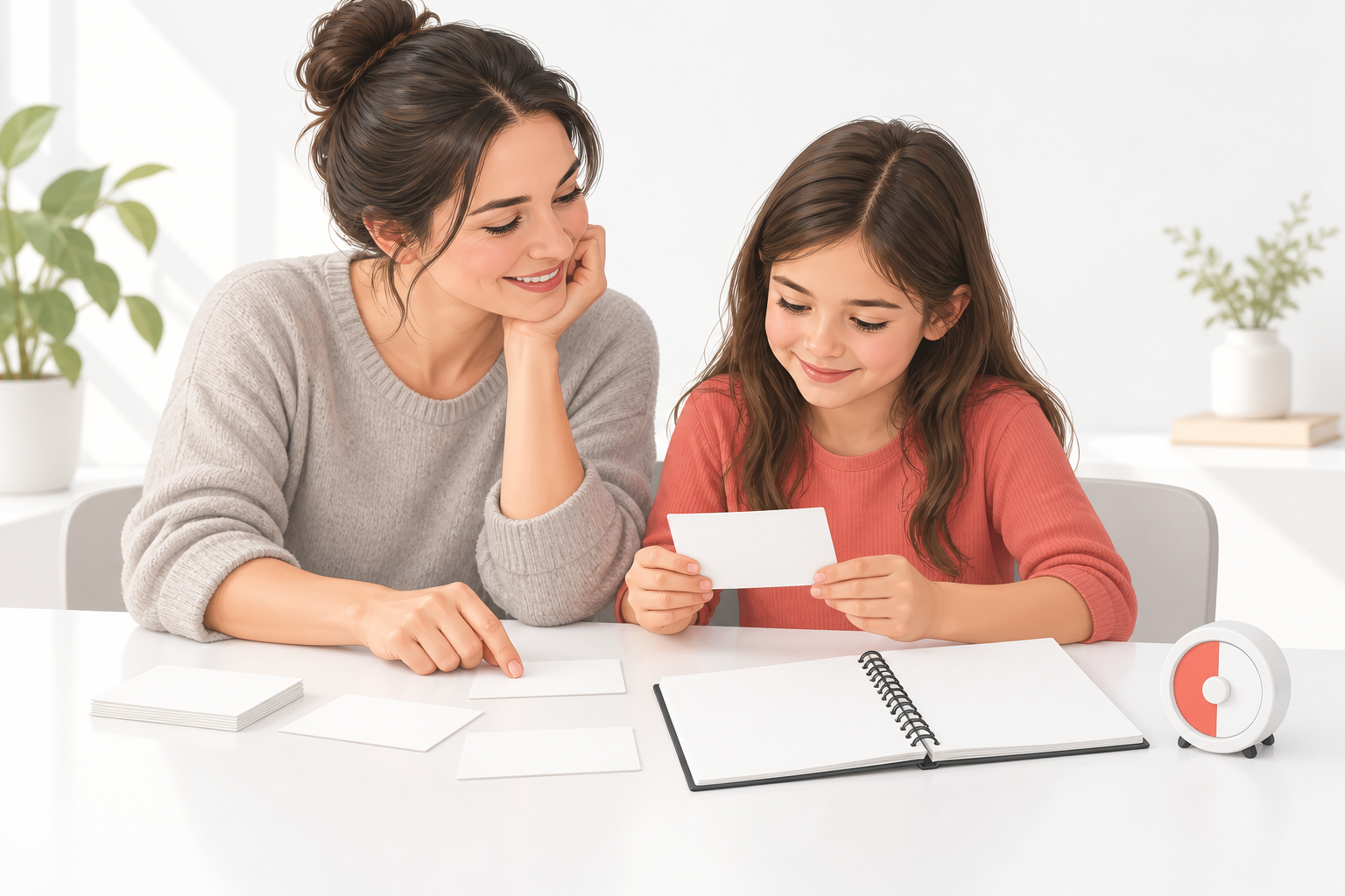 Parent and child reviewing a simple same-day piano lesson recap with blank cards, notebook and timer
