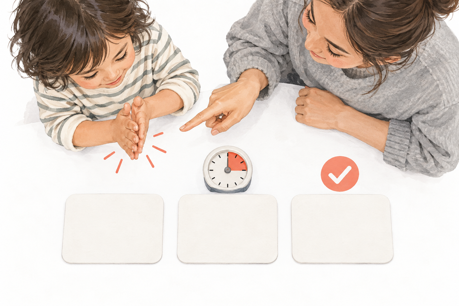 Parent and child using three blank cards for a clap, time and check practice-memory routine