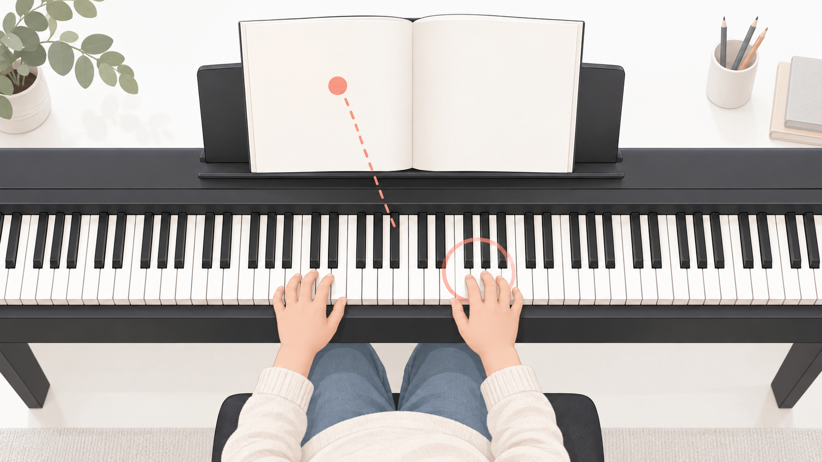 Top-down view of a child practicing the read-glance-return routine at a correctly arranged piano keyboard