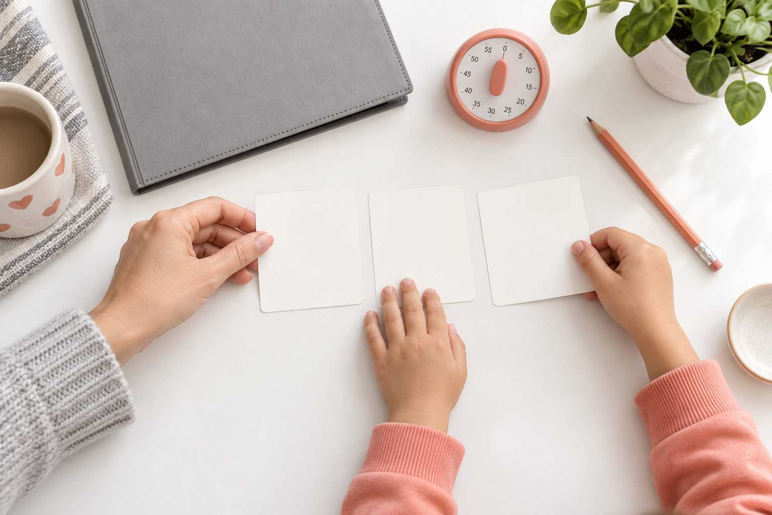 Top-down representative illustration of a parent and child arranging three blank practice cards beside a folder and timer
