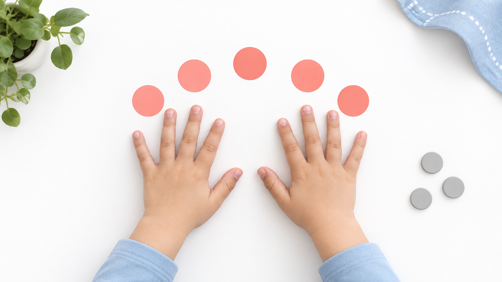 Representative child hands practice a five-finger tapping pattern with coral markers