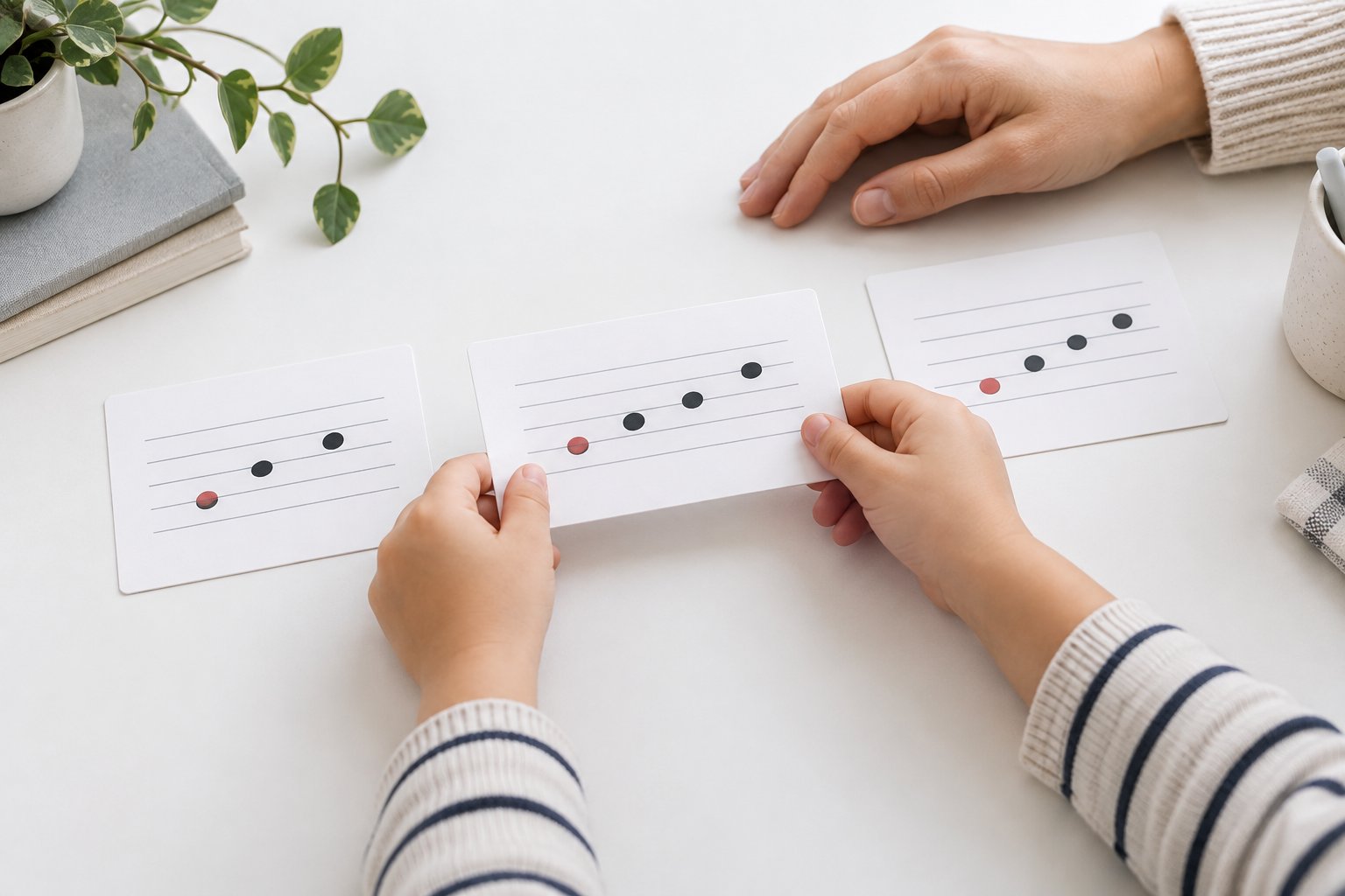 Child uses three simple landmark-note cards while an adult supports nearby