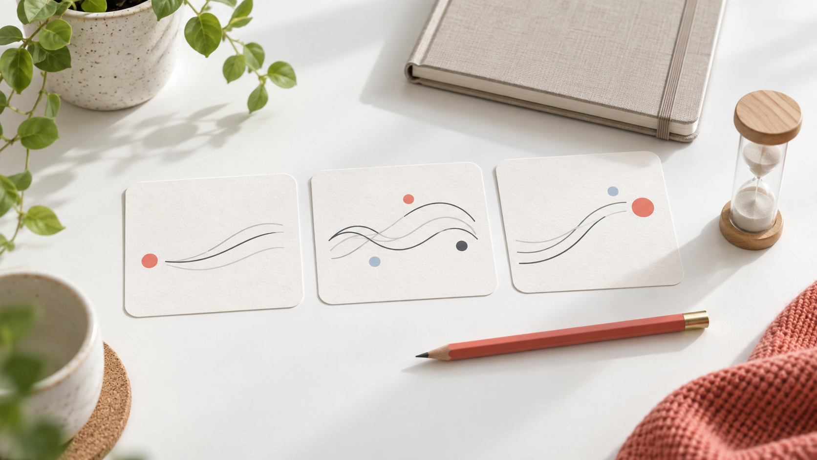 Three abstract sequence cards arranged beside a notebook and short timer on a bright table