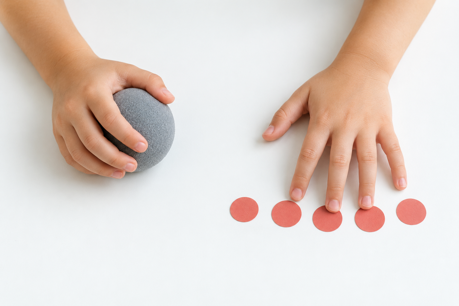 Child hands use a soft ball and five blank markers for a gentle fingertip warm-up