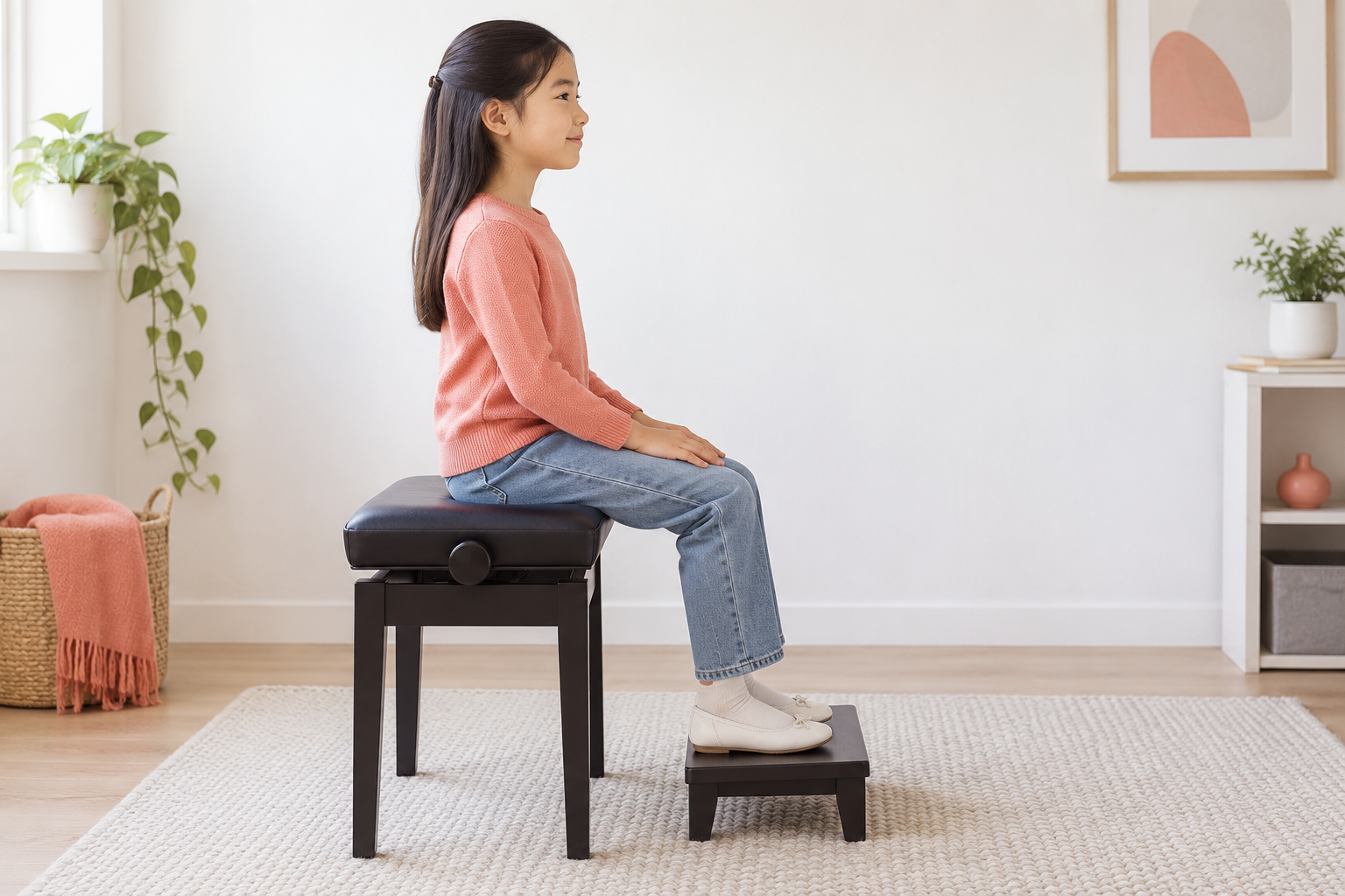 A representative child sits comfortably on an adjustable bench with both feet supported on a stable footrest