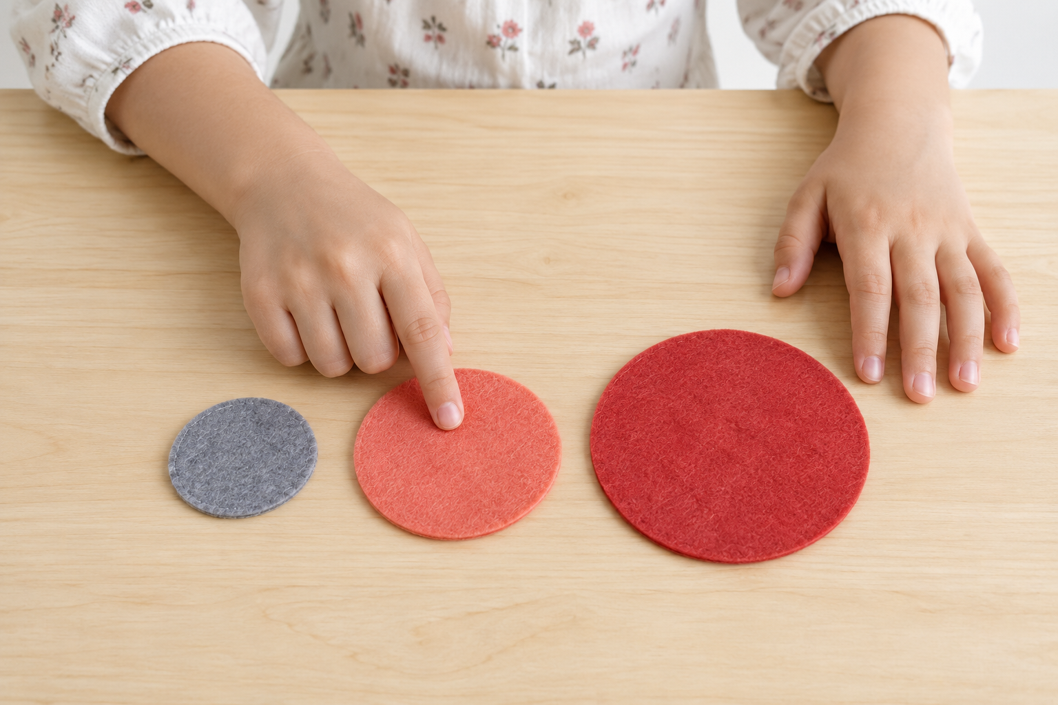 A child points to three different-size felt circles during a sound-level listening activity