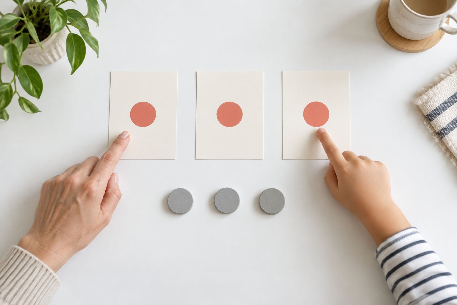 An adult hand and a child's hand point to three blank target cards in a simple practice sequence