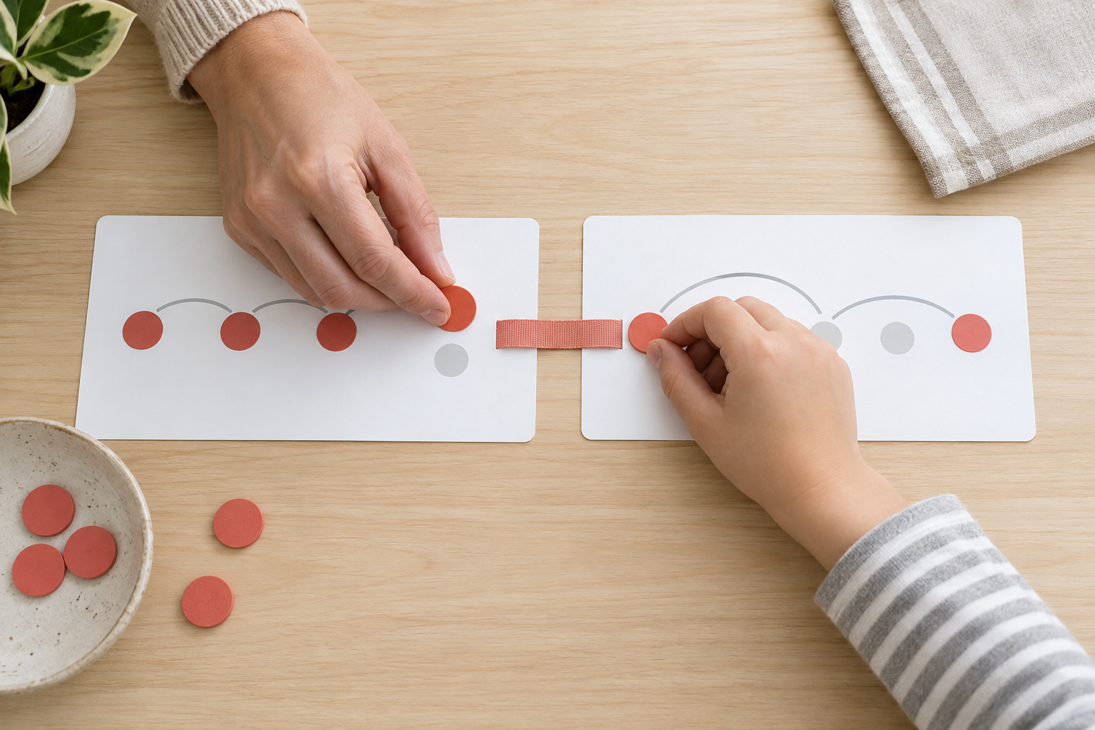 An adult and child place coral markers across a bridge between two practice cards