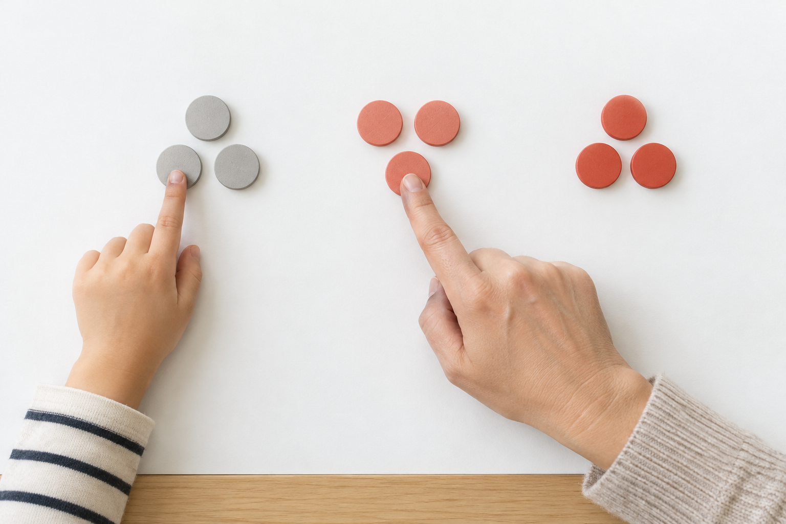 One adult hand and one child hand compare gray and coral tokens in a three-level listening exercise