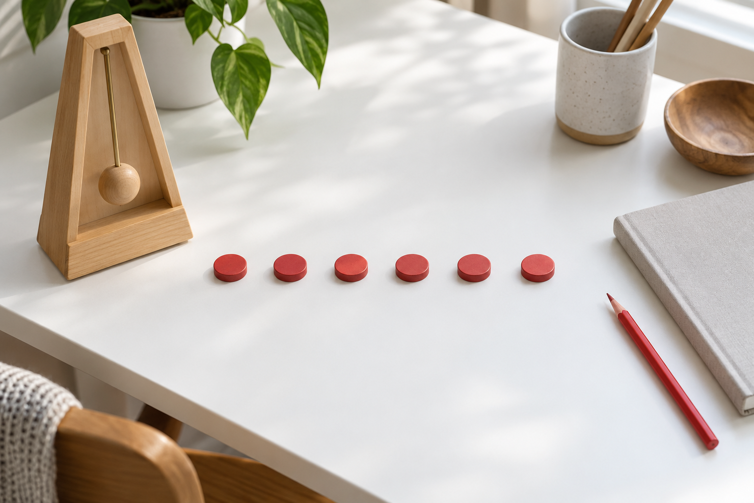 Six evenly spaced red practice counters beside an unmarked wooden pendulum and notebook