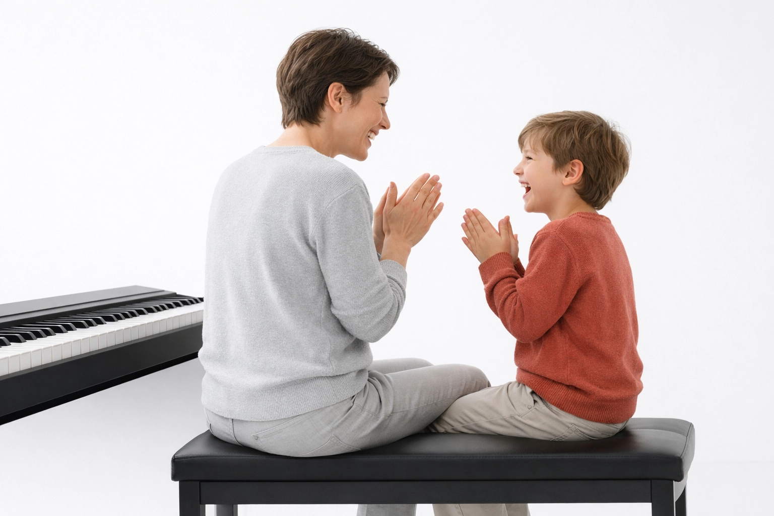 Parent and child clapping rhythm at a piano for fun piano practice tips in beginner piano lessons
