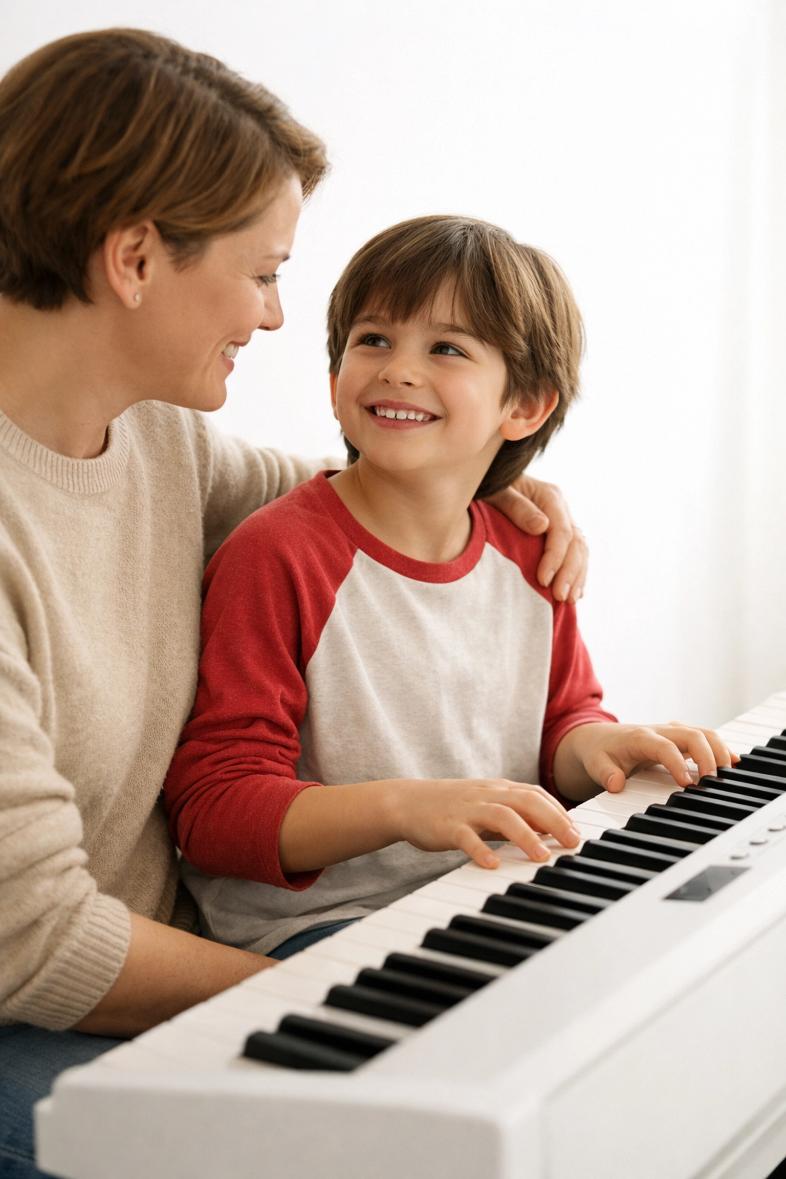 Parent encouraging child during beginner piano lessons at home