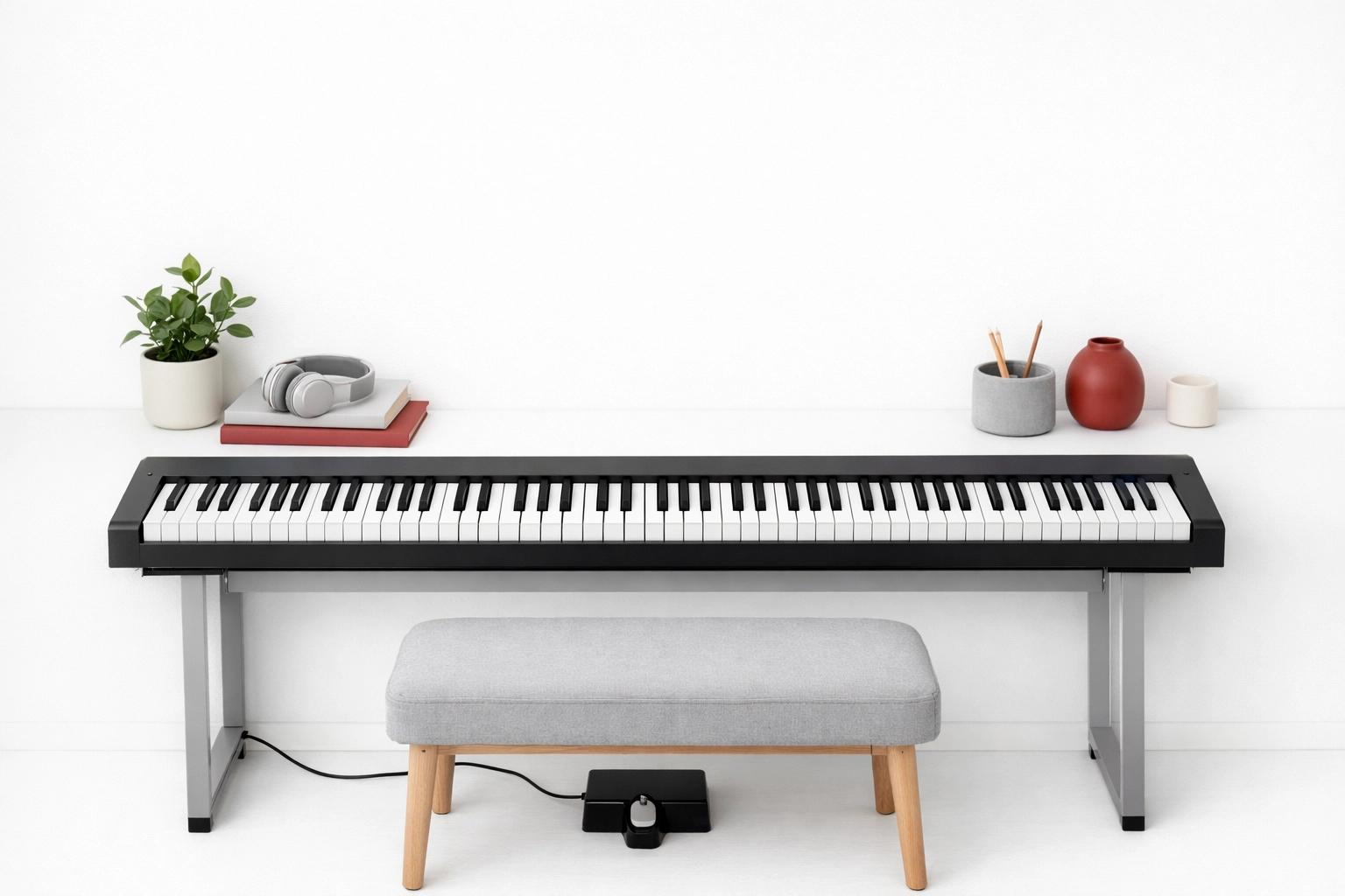 Minimalist home piano setup with a modern white digital keyboard ready for daily practice.