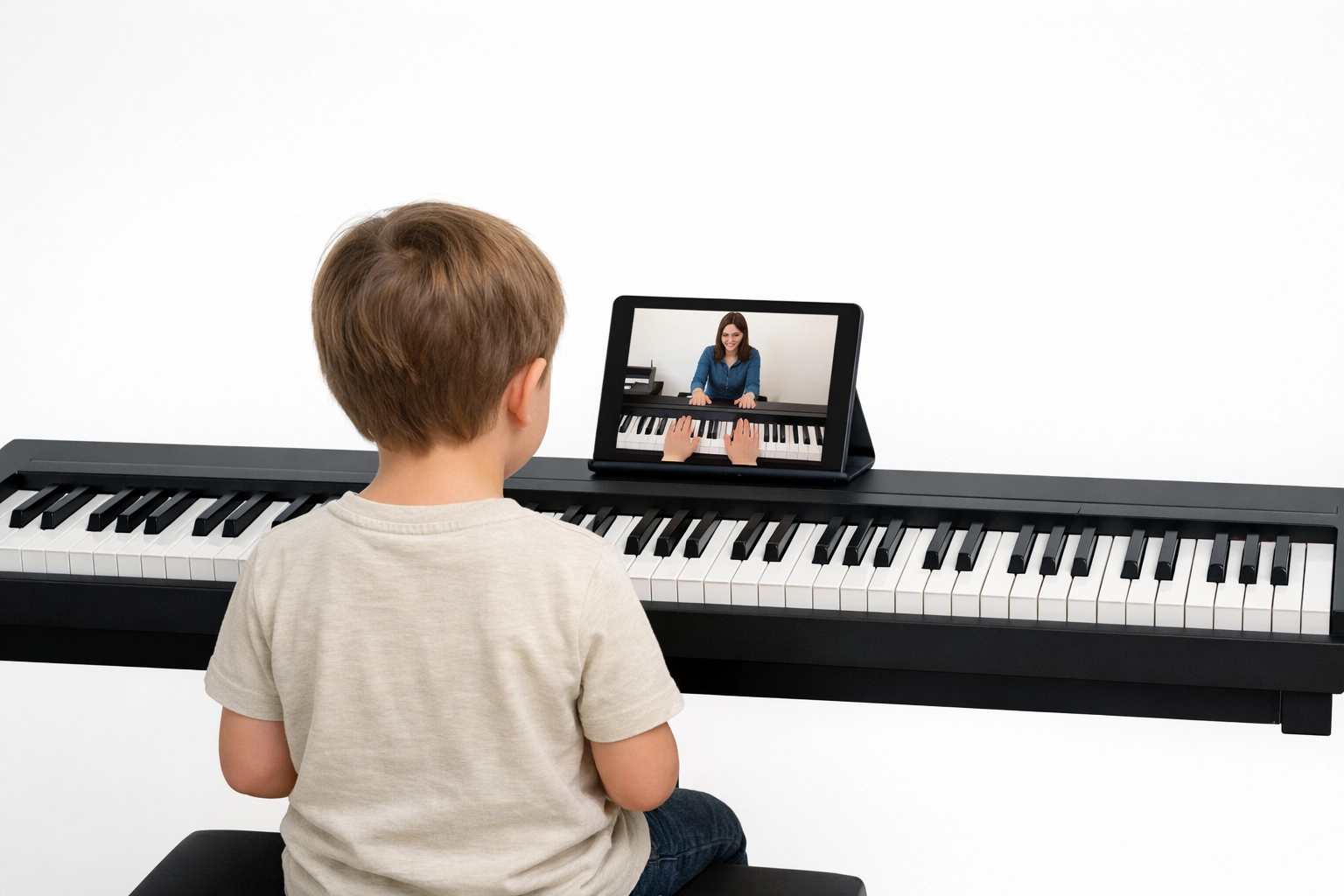 Child using a tablet for online piano lessons and interactive music tutorials on a keyboard.