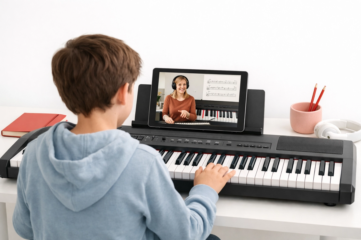 Digital keyboard setup with a tablet for online music lessons, part of a keyboard buying guide for parents.