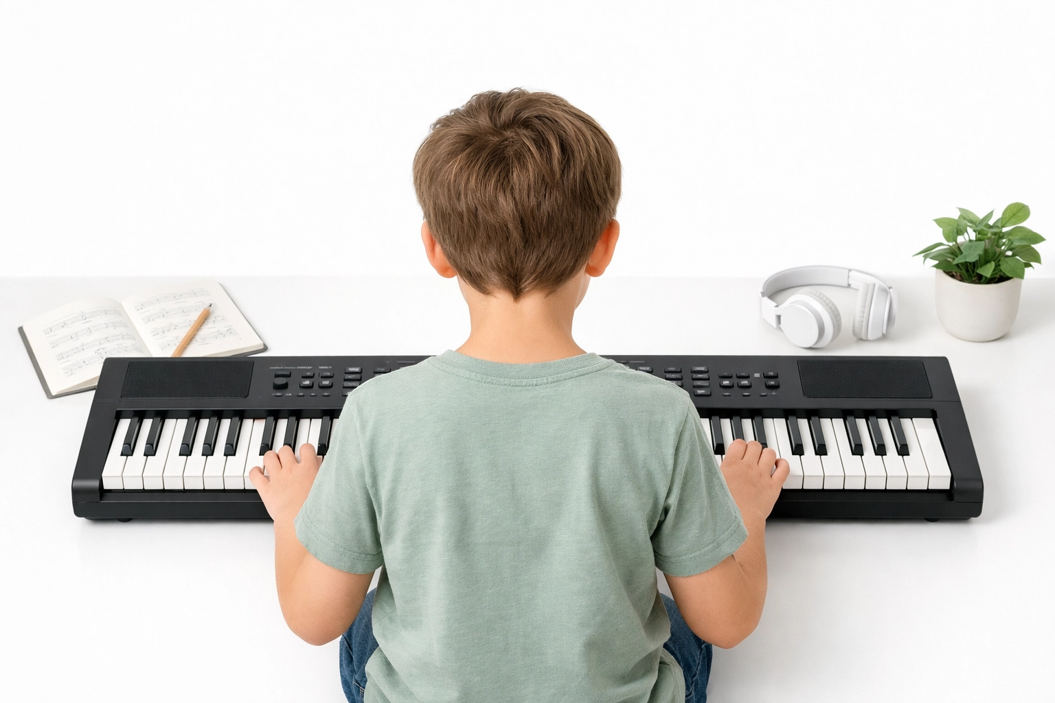 Young child practicing on a 61-key keyboard, comparing 61 key vs 88 key keyboard options for beginners.