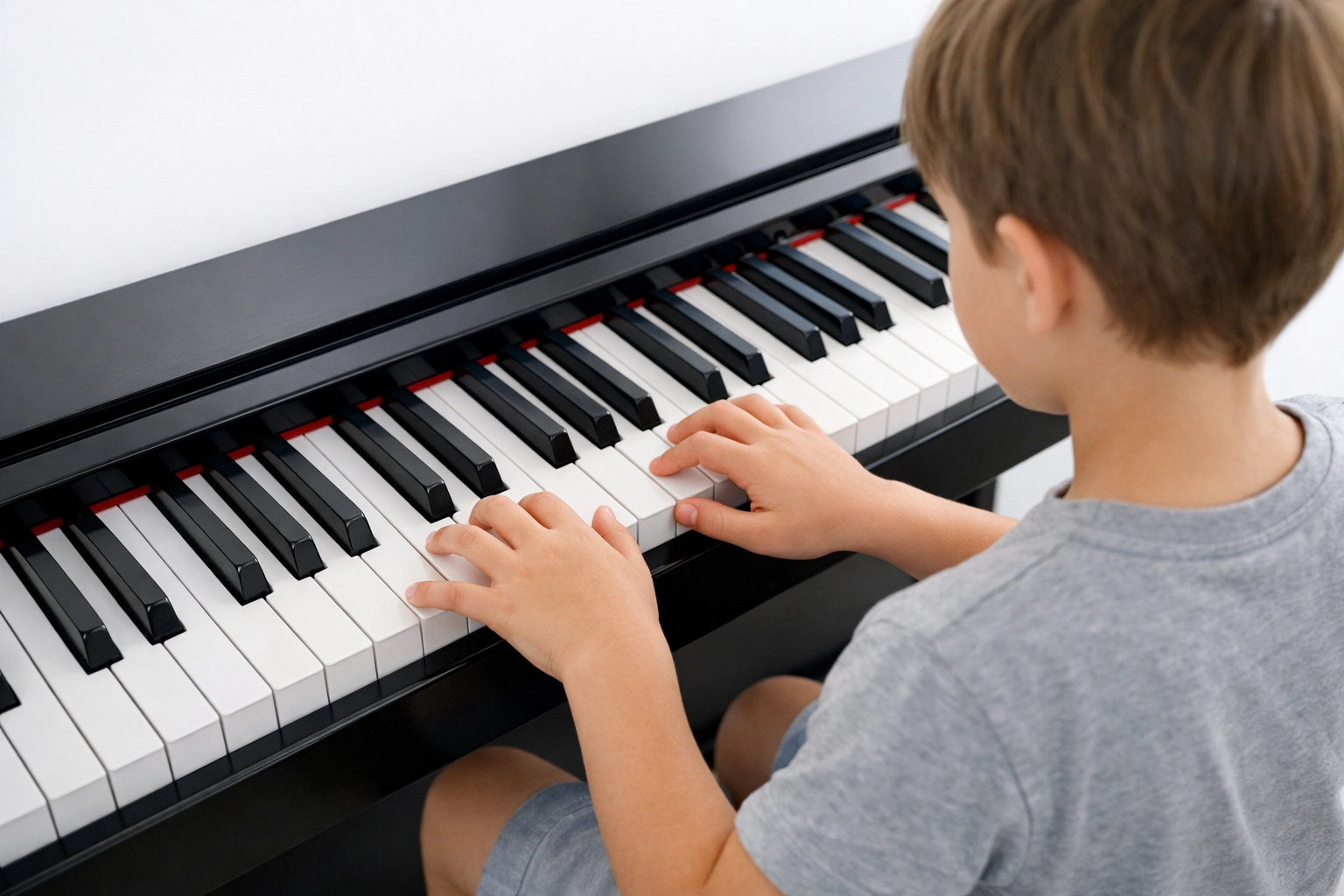 Proper hand position on a piano keyboard for a beginner student learning piano at home with PianoFlight.