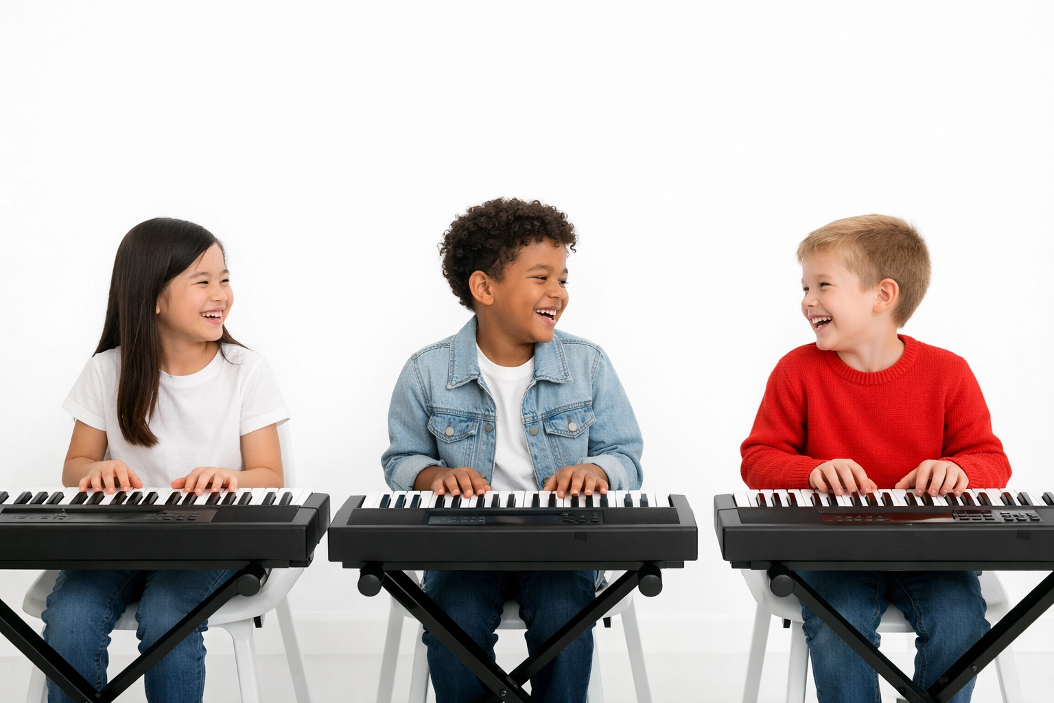Happy children practicing together in a social group piano lesson classroom.