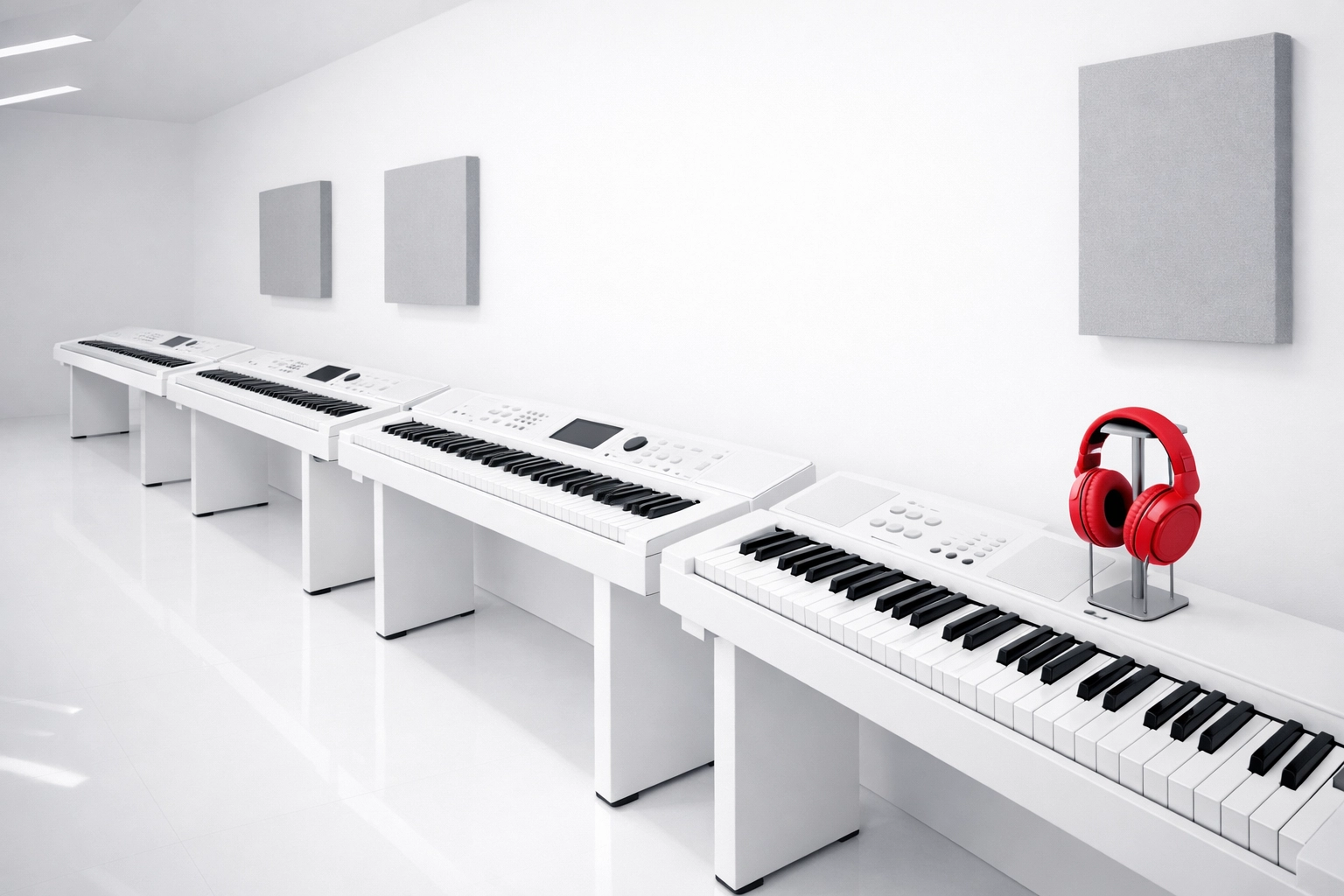 Modern PianoFlight classroom featuring a row of white keyboards ready for group music lessons.