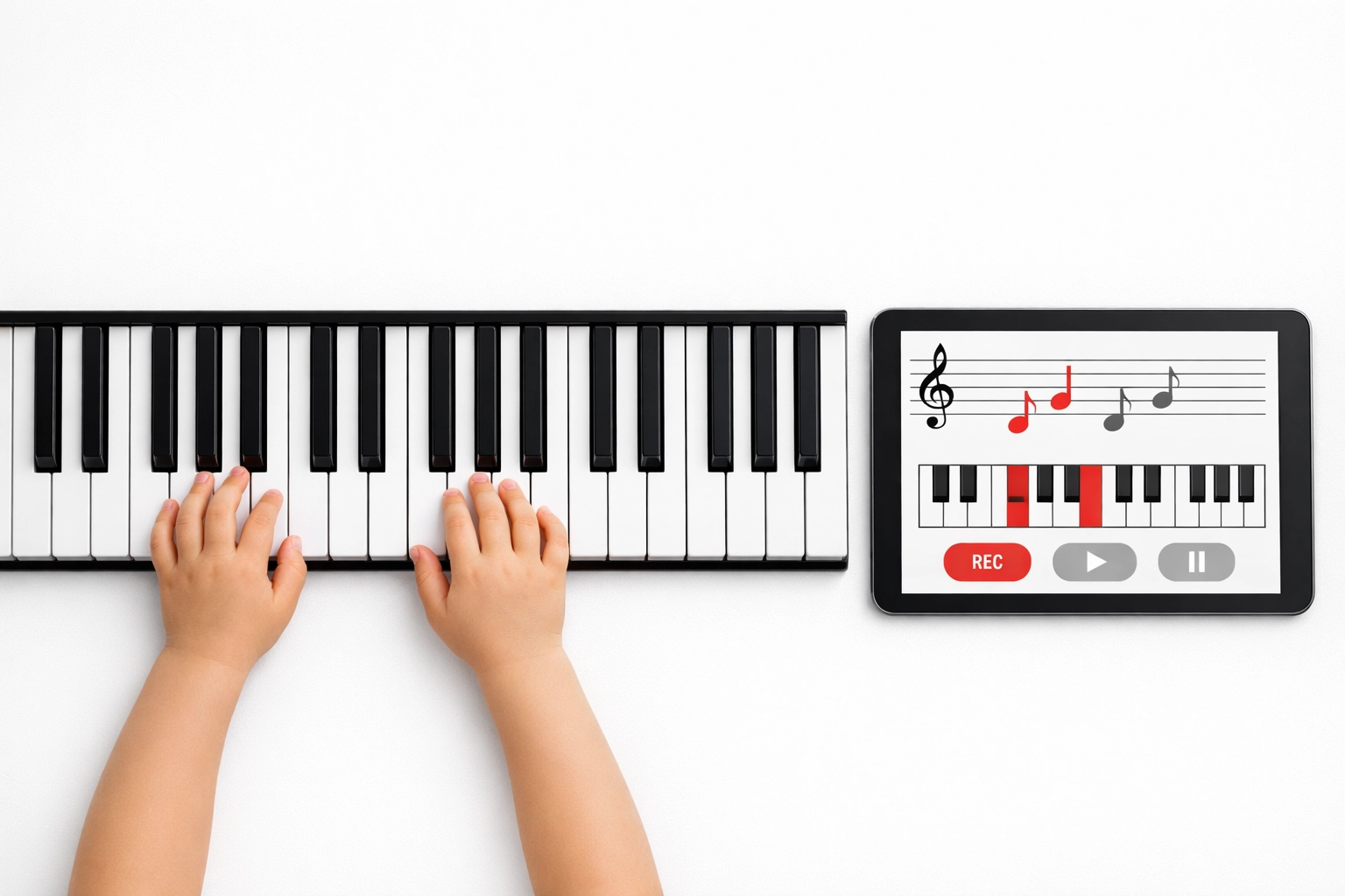 Close-up of a student learning a song on a keyboard with a digital lesson tablet.