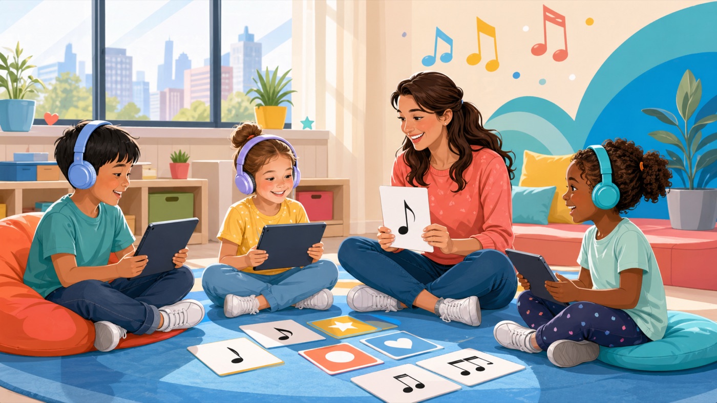 Kids in a bright summer group music class with a teacher
