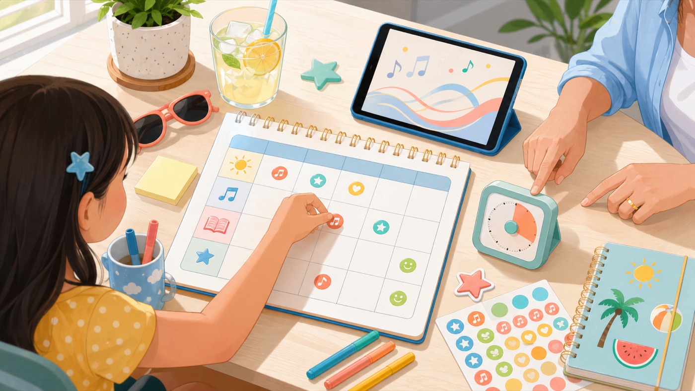 Summer music practice planner with stickers and a timer