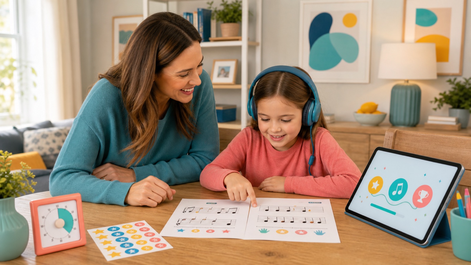 Parent helping a child with a short beginner piano practice routine