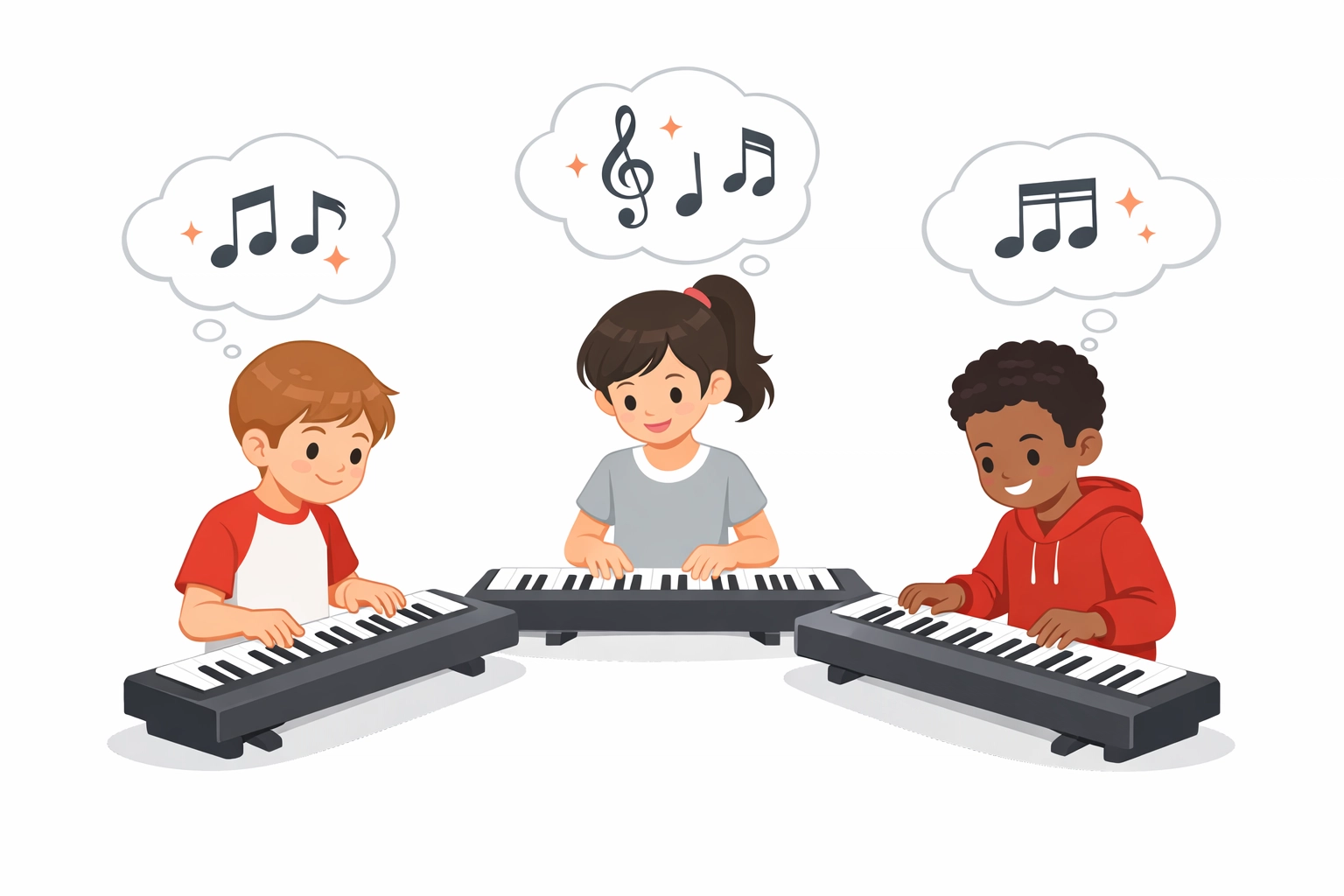 Kids motivated and engaged during group piano lessons with peers