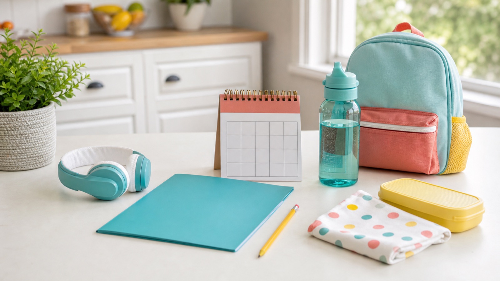 Headphones, folder, backpack, pencil, and simple first piano class materials