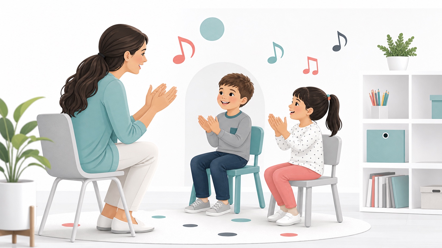 Children clapping rhythm with a teacher in a beginner music readiness class