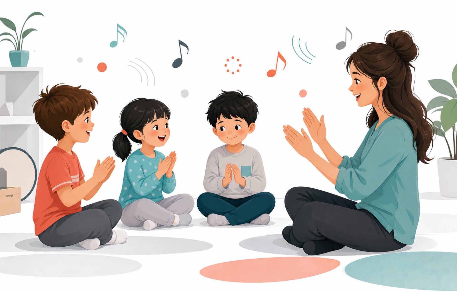 Small beginner music class clapping rhythm together as a shy child joins in
