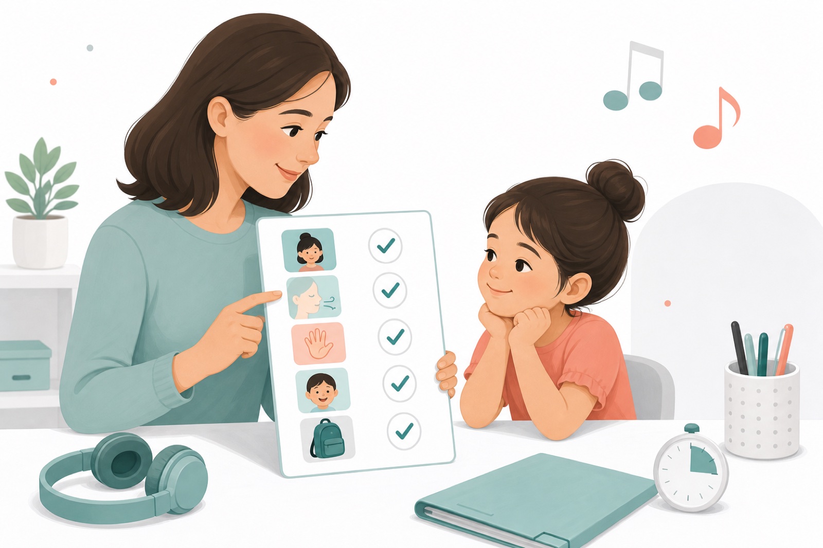 Parent and child reviewing a calm beginner piano lesson routine with headphones and checklist