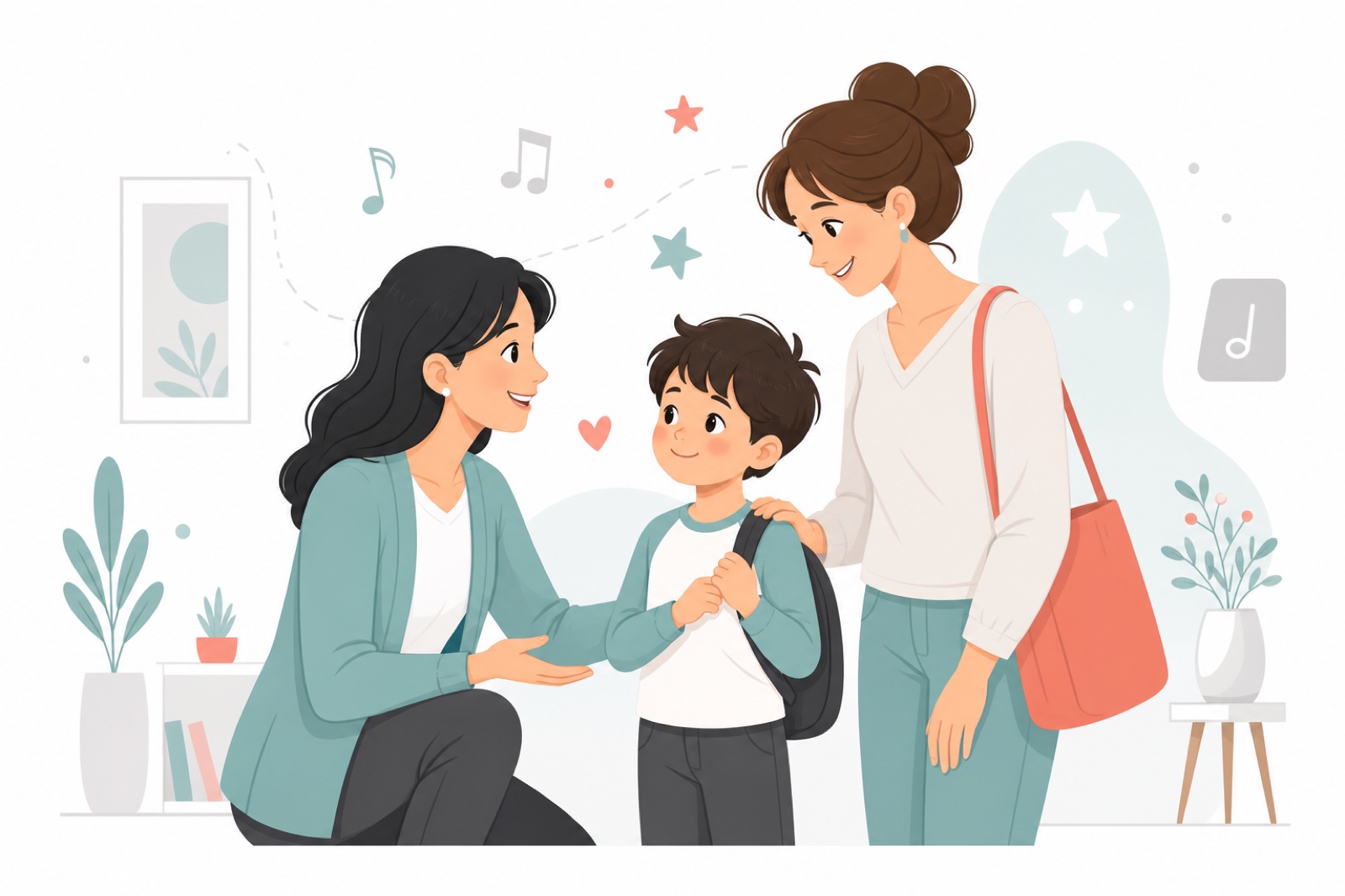 Shy child feeling welcomed by a parent and music teacher before beginner piano lessons